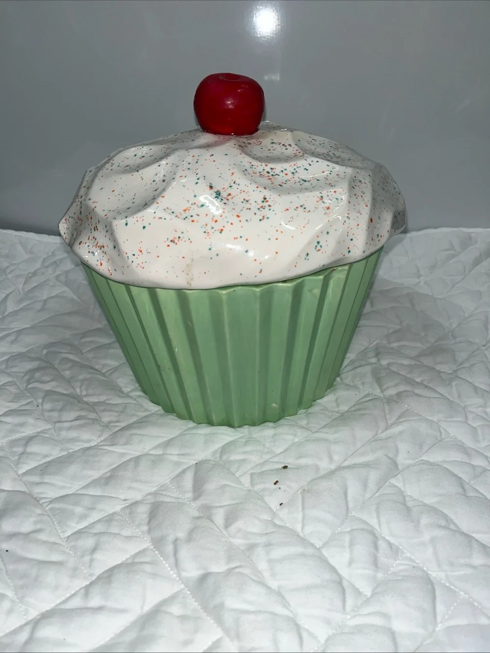 Vintage MCM Ceramic Cupcake Treat Jar - Green with White Frosting and Red Cherry